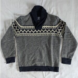 VTG Y2K Lucky Brand Shawl Collar Fair Isle Lambswool Sweater Men's M Navy Cream